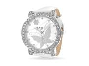 Bling Jewelry Womens CZ Flower Butterfly White Leather Steel Back Watch
