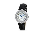 Bling Jewelry Plated CZ Stainless Steel Back Black Leather Roman Numeral Watch