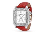 Bling Jewelry Square Deco Style Red Leather Strap Stainless Steel Back Watch
