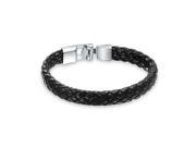 Bling Jewelry Mens Black Braided 10mm Flat Leather Cord Bracelet Steel