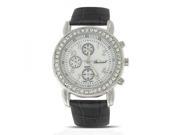 Bling Jewelry Geneva Round Black Leather Strap Stainless Steel Back Watch