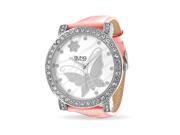 Bling Jewelry Womens CZ Flower Butterfly Pink Leather Steel Back Watch