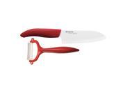 Kyocera Ceramic Red 5.5 inch Santoku Knife and Y Peeler Set