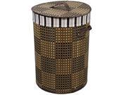 Checkered Round Folding Bamboo Laundry Basket with Handle