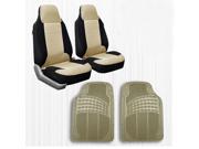 FH Group Combo Set Premium Fabric Front Bucket Covers And All Weather Trimmable Vinyl Floor Mats Front Set Beige FH CB107034