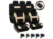 11pc Set Beige Black Pique Fabric Car Seat Covers FREE Steering Wheel Belt Pads