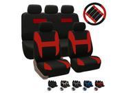 11pc Set Red Black Pique Fabric Car Seat Covers FREE Steering Wheel Belt Pads