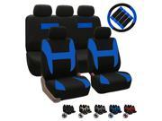 11pc Set Blue Black Pique Fabric Car Seat Covers FREE Steering Wheel Belt Pads