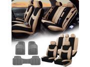 Beige Black Car Seat Covers Full Set for Auto w 5 Headrests Rubber Floor Mat