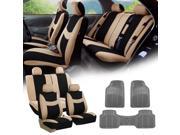 Beige Black Car Seat Covers Full Set for Auto w 4 Headrests Rubber Floor Mat