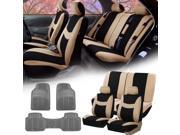 Beige Black Car Seat Covers Full Set for Auto w 2 Headrests Rubber Floor Mat