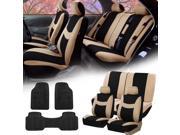 Beige Black Car Seat Covers Full Set for Auto w 2 Headrests Rubber Floor Mats
