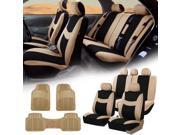Beige Black Car Seat Covers Full Set for Auto w 5 Headrests Rubber Floor Mats
