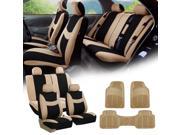 Beige Black Car Seat Covers Full Set for Auto w 4 Headrests Rubber Floor Mats