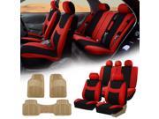Red Black Car Seat Covers Full Set for Auto w 5 Headrests Rubber Floor Mats