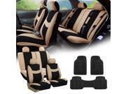 Beige Black Car Seat Covers Full Set for Auto w 4 Headrests Rubber Floor Mats