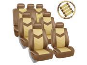 Car Seat Covers Synthetic Leather Auto Seat cover 7 Seater SUV VAN Full Set w Steering Belt Pads Beige Tan