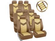 Car Seat Covers Synthetic Leather Auto Seat cover 8 Seater SUV VAN Full Set w Steering Belt Pads Beige Tan