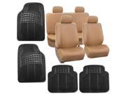 Tan Black Faux Leather Car Seat Cover Set Headrests Floor Mat Set