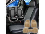 Faux Leather Gray Black Car Seat Cover Full Set w Beige Floor Mat