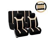 Car Seat Cover for Auto Full Set w Steering Wheel Cover Belt Pads 2heads Beige