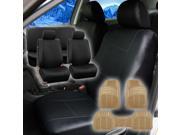 Faux Leather Black Car Seat Cover Full Set w Beige Floor Mat