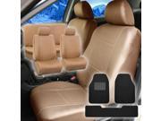 Faux Leather Seat Cover Tan Beige For Car SUV 2Headrests 3Pc Floor Mat Black