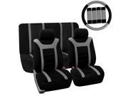 Car Seat Cover for Auto Full Set w Steering Wheel Cover Belt Pads 2heads Gray