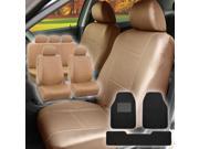 Faux Leather Seat Cover Tan Beige For Car SUV 5Headrests 3Pc Floor Mat Black