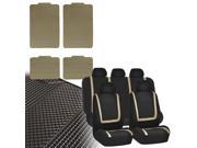 Car Seat Covers Beige Black Full Set for Auto w Heavy Duty Floor Mats 5 Headrest