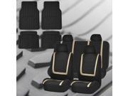Full Set Car Auto Seat Covers Beige Black with Heavy Duty Floor Mats 4 Headrest