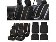 Full Set Car Auto Seat Covers Beige Black with Heavy Duty Floor Mats 2 Headrest