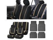 Full Set Car Auto Seat Covers Beige Black with Heavy Duty Floor Mats 2 Headrest