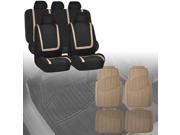 Car Seat Covers Beige Black For Auto Full Set w Heavy Duty Floor Mats 5 Headrest