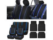 Full Set Car Auto Seat Covers Blue Black with Heavy Duty Floor Mats 2 Headrest