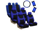 Car Seat Covers for Auto SUV Van Truck 3 Row Blue w Steering Wheel Belt Pad