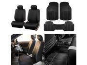 Front Bucket Seat Covers Faux Leather Pair with Heavy Duty Front Floor Mats Combo Black