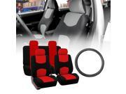 FH Group Flat Cloth Seat Covers Red Black with Leather Steering Wheel for Auto