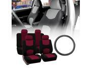 FH Group Flat Cloth Seat Covers Burgundy Black with Leather Steering Wheel for Auto
