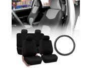 FH Group Flat Cloth Seat Covers Black with Leather Steering Wheel for Auto