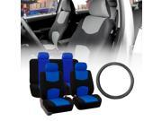FH Group Flat Cloth Seat Covers Blue Black with Leather Steering Wheel for Auto