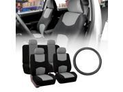 FH Group Flat Cloth Seat Covers Gray Black with Leather Steering Wheel for Auto