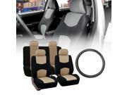 FH Group Flat Cloth Seat Covers Beige Black with Leather Steering Wheel for Auto