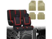 Car Seat Covers Red Black Full Set for Auto w Beige Leather Steering Wheel Cover