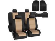 Car Seat Cover Neoprene Waterproof Pet Proof Full Set 4 Headrest Cover Beige w Floor Mats