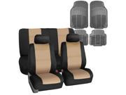 Car Seat Cover Neoprene Waterproof Pet Proof Full Set 2 Headrest Cover Beige w 4PCS Mats