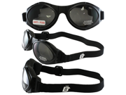 Birdz Owl Black Frame Motorcycle Goggles with Clear Smoke and Yellow Shatterproof Anti Fog Polycarbonate Lenses and Vented Open Cell Foam and a Carrying Case