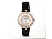Gemorie The Valentina Black Genuine Leather Watch with Zirconia in 18K Rose Gold Plated Stainless Steel 129108 RG