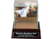 Clayton Kershaw Throwing Background Glass Single Baseball w Dodger Stadium Authentic Dirt Nameplate