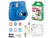 Fujifilm Instax Mini 9 Instant Camera (Cobalt Blue) + 10 Fuji Instant Film Sheets + Convenient Instax Clear Case W/ Rainbow Strap + 6-Color Lenses & More